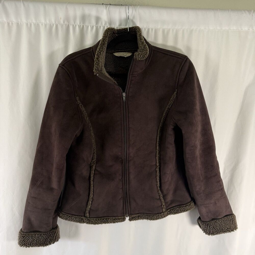 LL Bean Sherpa Lined Jacket Women's Small Brown Embroidered Full Zip Pockets